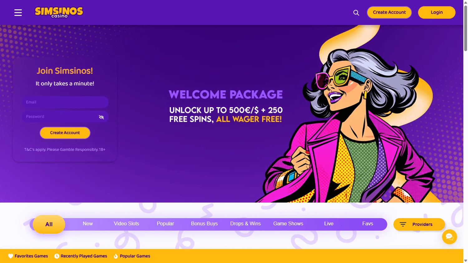 Simsinos Casino desktop home page