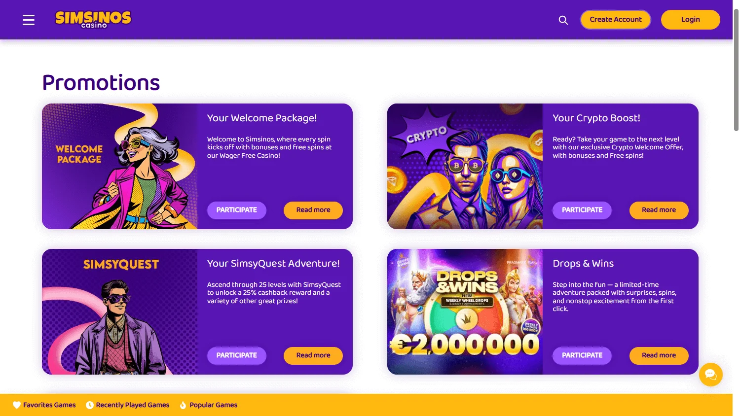 Simsinos Casino desktop promotions area