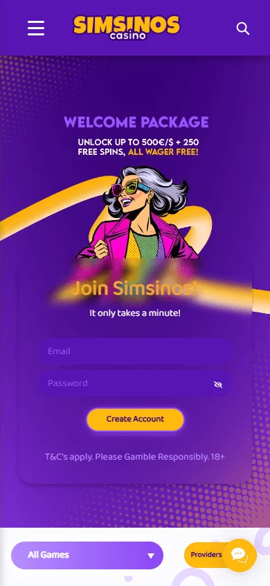 Simsinos Casino mobile home page